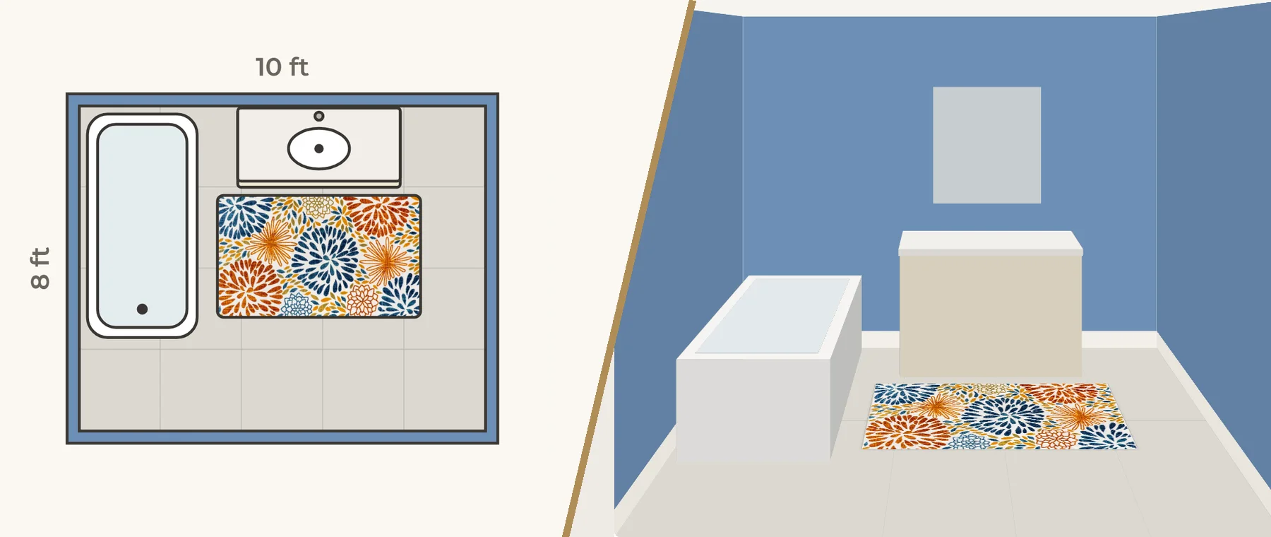 Bathroom with its rug, half floor plan and half 3D view