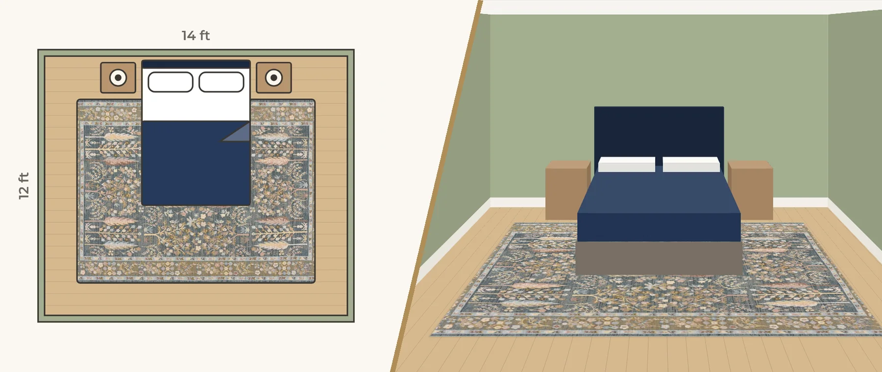 Bedroom with its rug, half floor plan and half 3D view