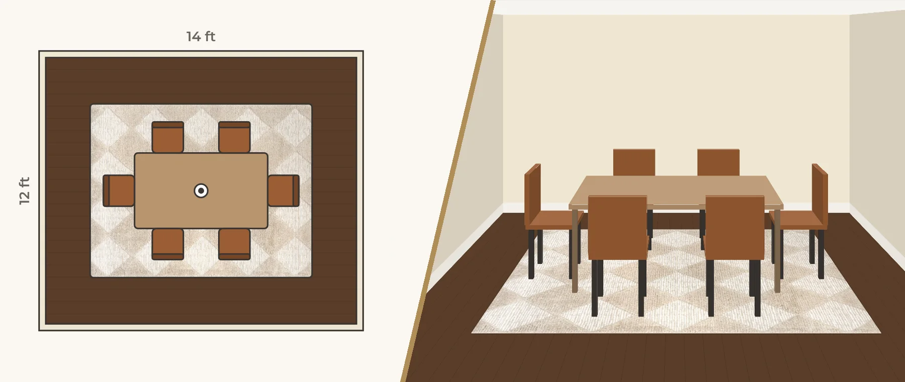 Dining room with its rug, half floor plan and half 3D view