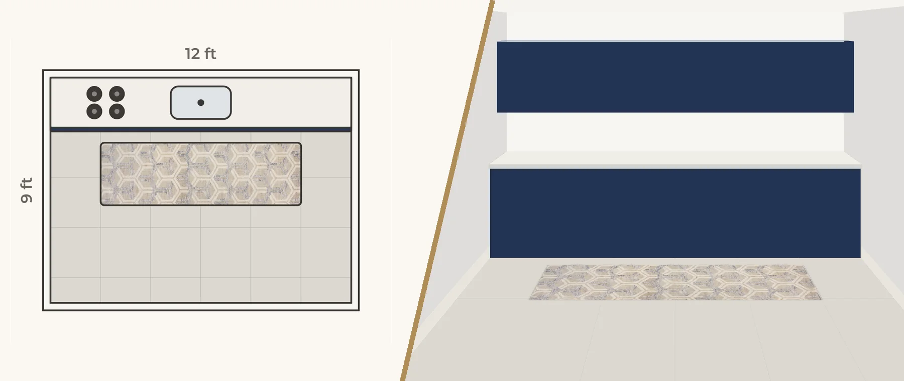 Kitchen with its rug, half floor plan and half 3D view