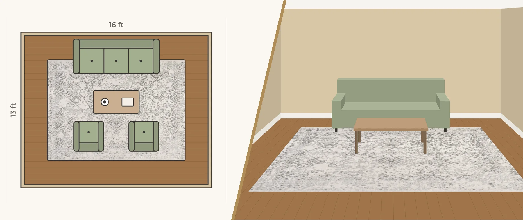 Living room with its rug, half floor plan and half 3D view
