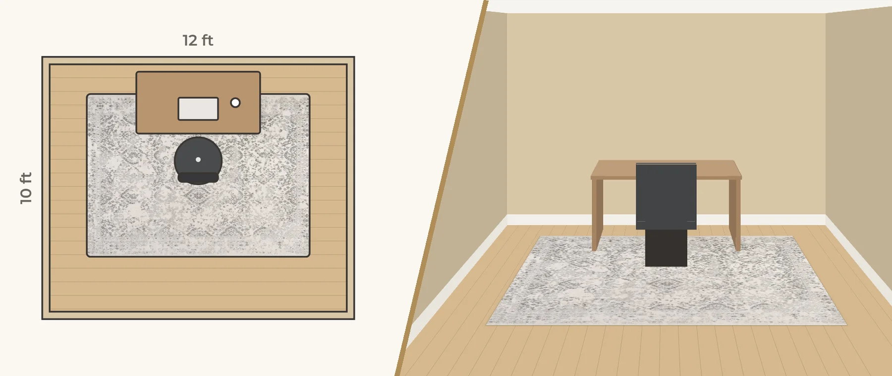 Home office with its rug, half floor plan and half 3D view