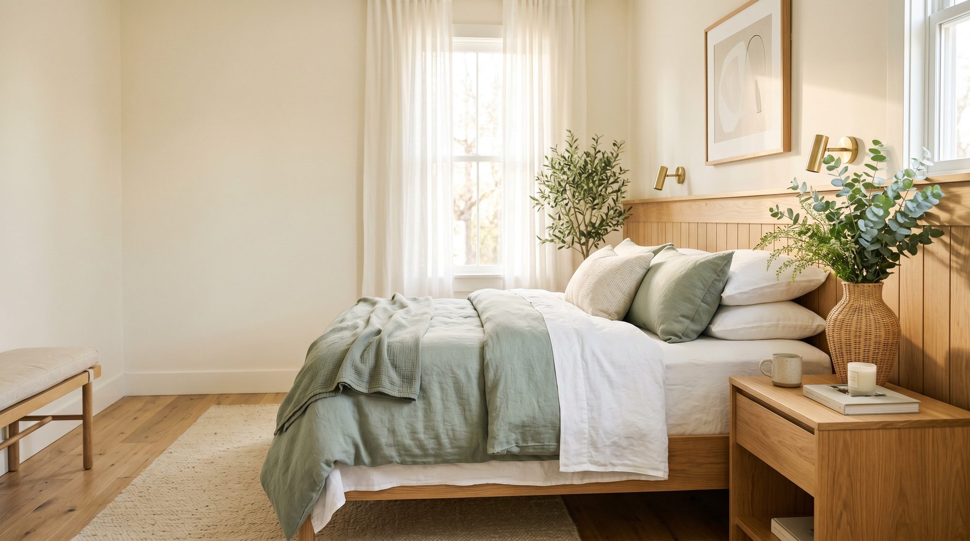 A calm bedroom styled with warm oak, sage-green linen and greenery