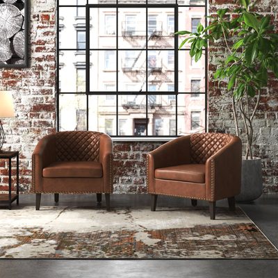 Oscar 29" Tufted Faux Leather Barrel Club Chair, 2-Piece
