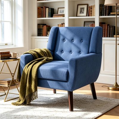 Jaqueze Upholstered Blue Linen Blend Tufted Wide Back Armchair