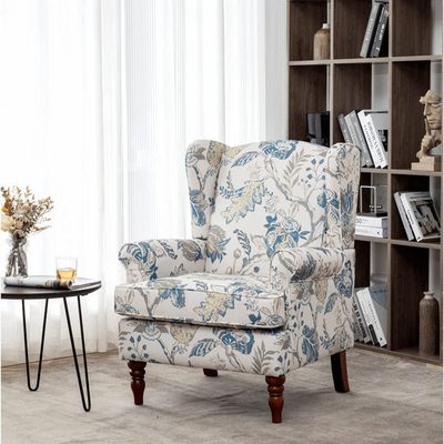 Abizer Linen Wing Back Armchair with Solid Wood Legs
