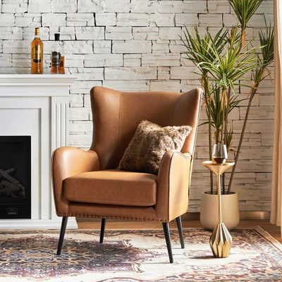 Ebbert 30" Faux Leather Wingback Armchair with Nailhead Trim