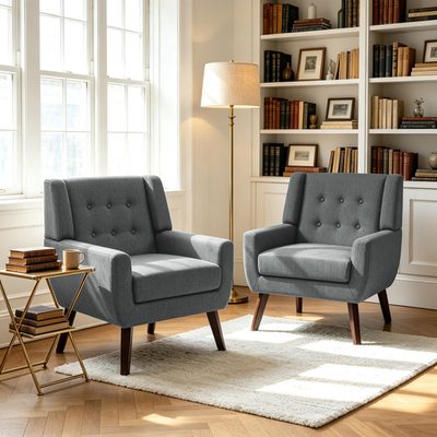 Davey Upholstered Gray Linen Blend Tufted Wide Back Armchair