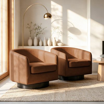 Applewold Brown Faux Leather Swivel Barrel Chair with Solid Wood Base