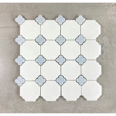 Thassos White Marble Octagon and Blue Celeste Clover Mosaic Tile