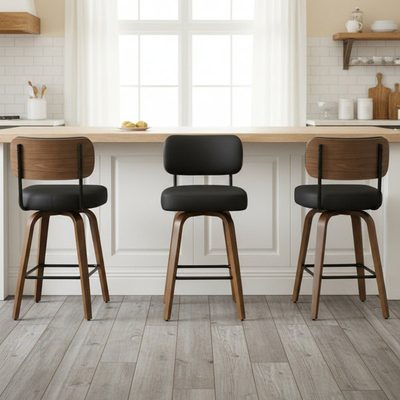 26" Swivel Upholstered Counter Stool with Walnut Bentwood Frame