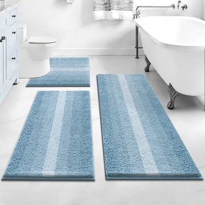 Gradient Striped Chenille Absorbent Bath Mat, Set of 3