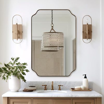 Modern Scalloped Corner Rectangle Bathroom Vanity Mirror, Stainless Steel Frame