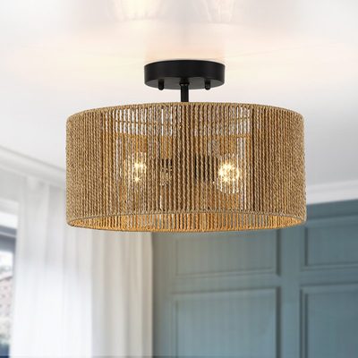 True Fine 14" Woven Rope Drum Semi-Flush Mount