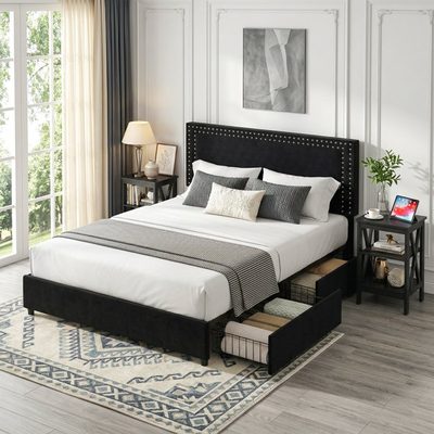 Velvet Storage Bed with 4 Drawers and Nightstand Bedroom Set