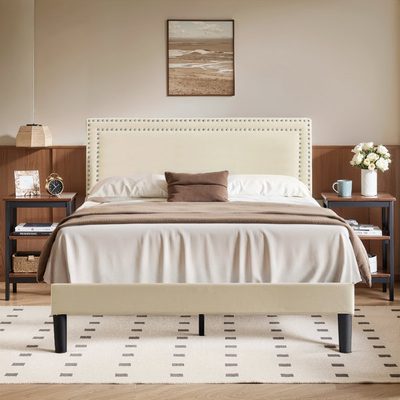 Full Upholstered Bed with 2 Nightstands Modern Bedroom Set