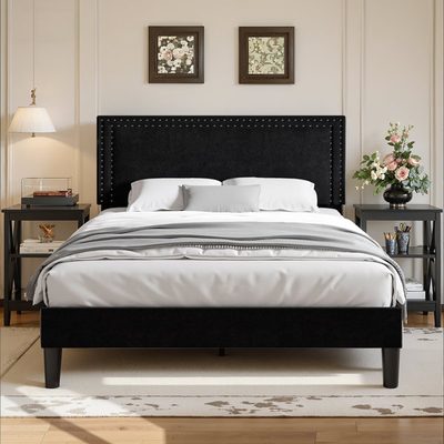 Queen Upholstered Bed with 2 Nightstands Modern Bedroom Set