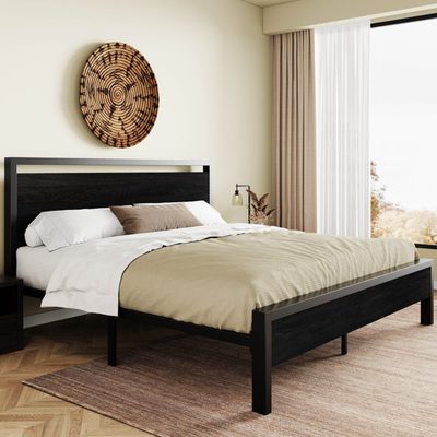 Minas Classical Metal Platform Bed with Wood Headboard and Footboard