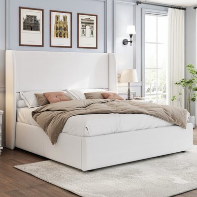 Belo Upholstered Lift-Up Storage Bed with Wingback Headboard