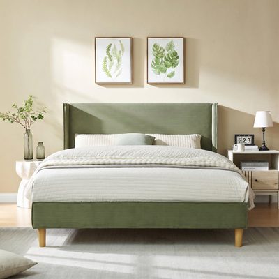 Janine Corduroy Upholstered Wingback Bed with Solid Wood Frame