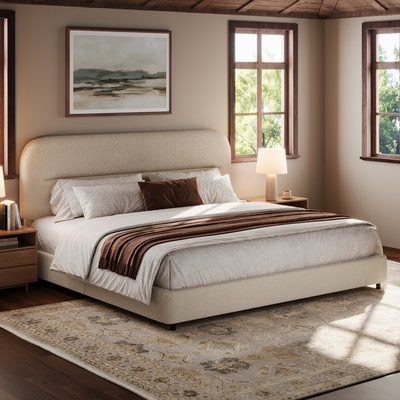 Bensu Cloud Collection Boucle Platform Bed with Rounded Headboard