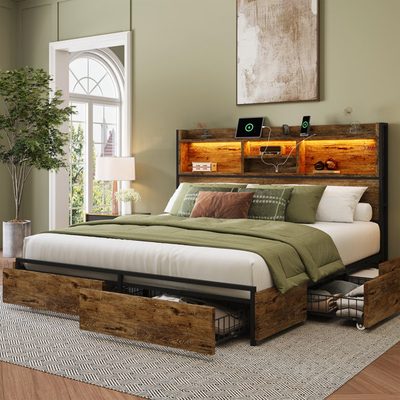 Platform Bed with 6 Storage Drawers, Headboard, LED Lights and Charging Station