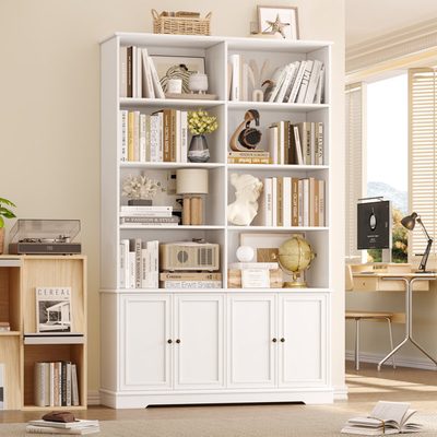 Mid-Century Modern Wood Bookcase with 4 Doors