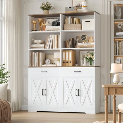 69 Inch Modern Farmhouse Storage Bookcase with Doors and Drawers