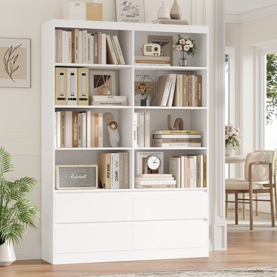 Wood Double 4-Tier Bookcase with 4 Storage Drawers