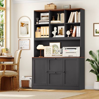 72 Inch Wood Storage Bookcase with File Drawers and Base Cabinet