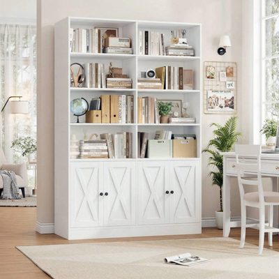 71 Inch Standard Storage Bookcase with Doors and 8 Open Shelves