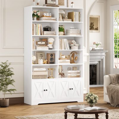 77 Inch 6-Tier Farmhouse Bookcase with Door