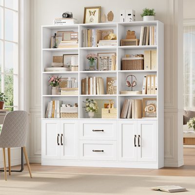 Triple-Wide 6-Tier Bookcase with 4-Tier Open Shelves
