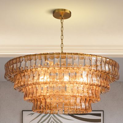 Kancler 36" 6-Light Tiered Round Smoke Glass Gold Chandelier