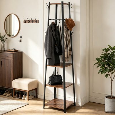 8-Hook Coat Rack with Storage Shelves