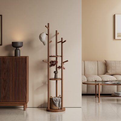 Rotating Solid Wood Coat Rack with 3 Shelves and 9 Hooks