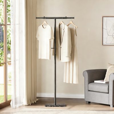 Freestanding Metal Coat Rack with Adjustable T-Bar and Marble Base