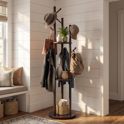 Rotating Solid Wood Coat Rack with Storage Shelves and 9 Hooks