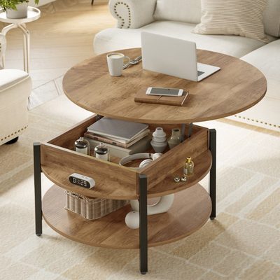 Wynny Round Lift-Top Wood Coffee Table with Storage