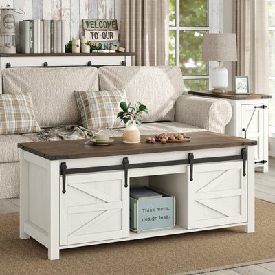 Jaquavion Farmhouse Lift-Top Coffee Table with Hidden Storage and Sliding Barn Door