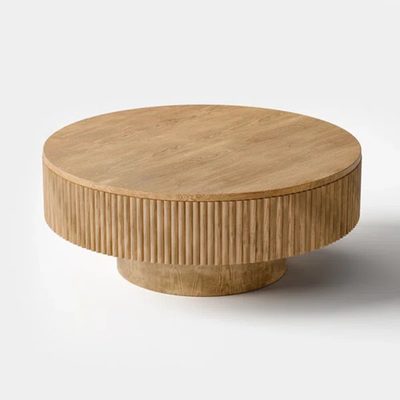 Fynlee Pedestal Round Coffee Table, Handcrafted Solid Wood Fluted Design