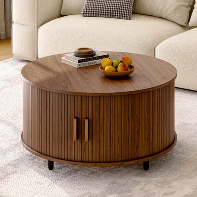 31.5" Modern Round Coffee Table with Curved Sliding Door