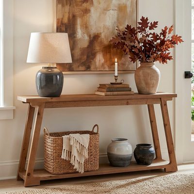 63 Inch Solid Wood 2-Tier Narrow Console Table