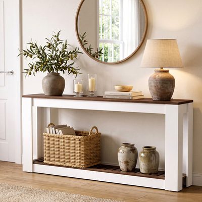 71 Inch Farmhouse Console Table with Slatted Storage Shelf