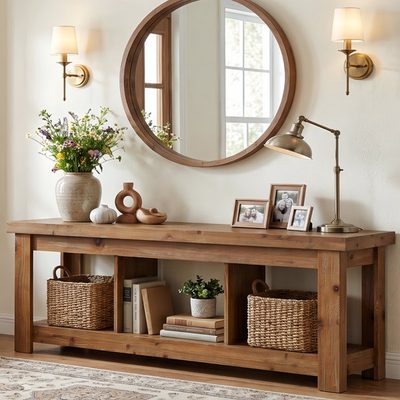63 Inch Solid Wood Farmhouse Low Console Table
