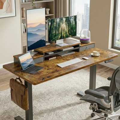 55" Electric Adjustable Standing Desk with Dual-Tier Monitor Shelf and 2 Drawers