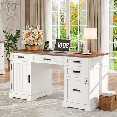 Clabe 55" Farmhouse Executive Desk with Drawers, File Cabinet and Power Outlets