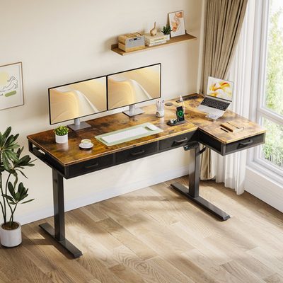Electric Standing Desk with 4 Under-Desk Drawers and Built-in Power Outlets