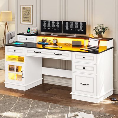 59" Farmhouse Computer Desk with 5 Drawers and Charging Station