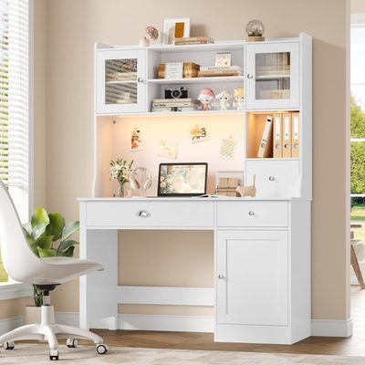 47.2" W Wooden Computer Desk with Hutch and LED Lighting, White